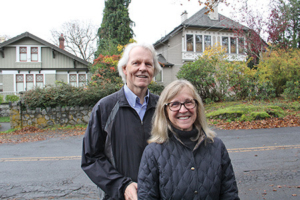 Christine van Reeuwyk/Oak Bay News Michael Prince and Karen Wallace-Prince propose Oak Bay designate their segment of Oak Bay (thier home behind on the right) as a Heritage Conservation Area.